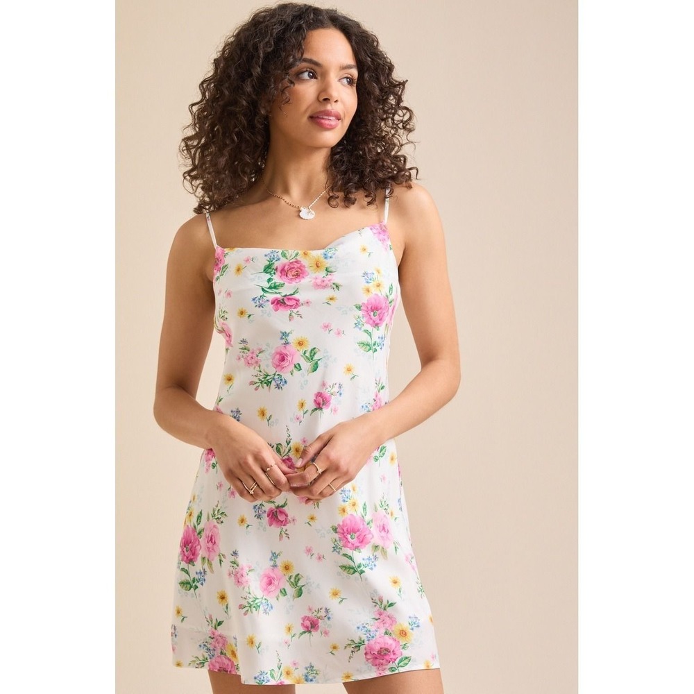 Altar'd State White Floral Satin Cowl Neck Mini Dress Sizeโ XS
